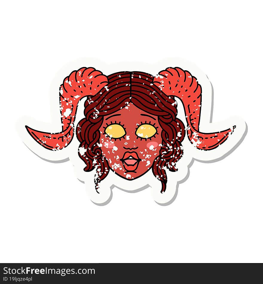 grunge sticker of a tiefling character face. grunge sticker of a tiefling character face