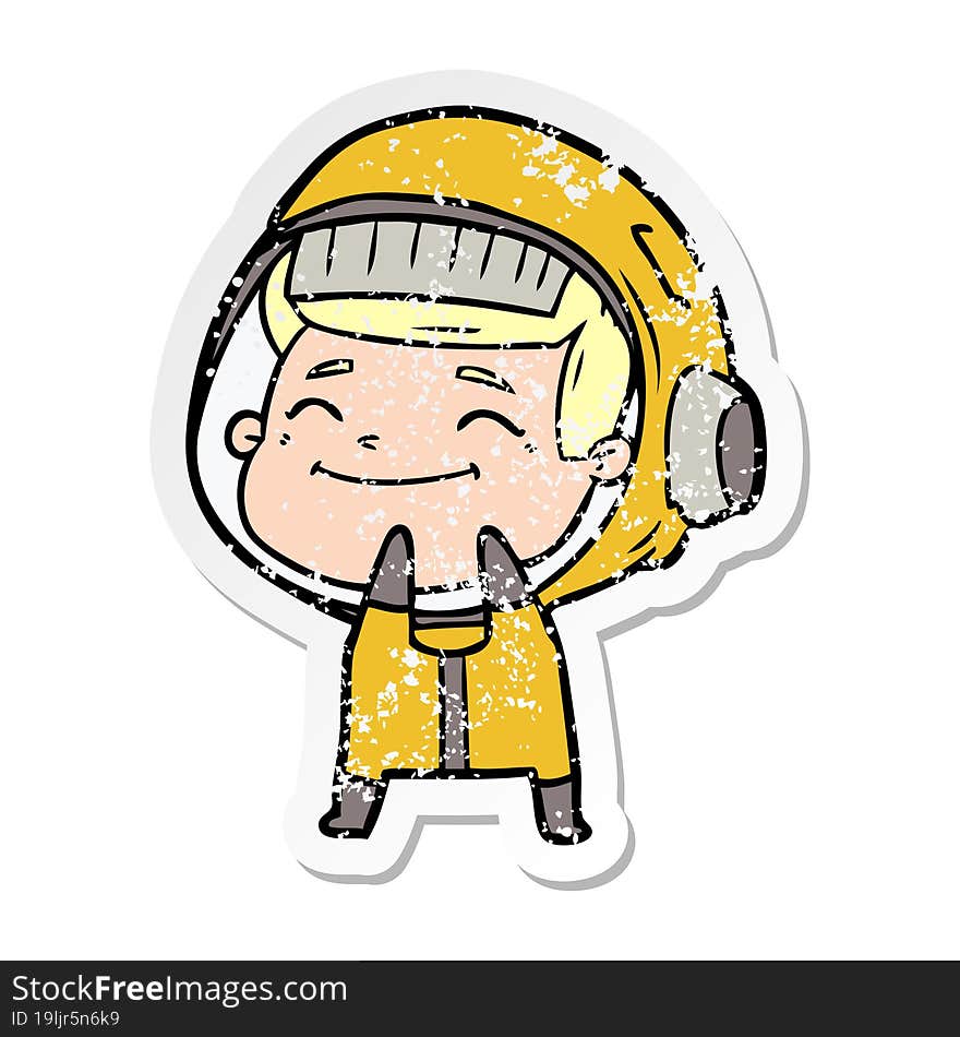 distressed sticker of a happy cartoon astronaut