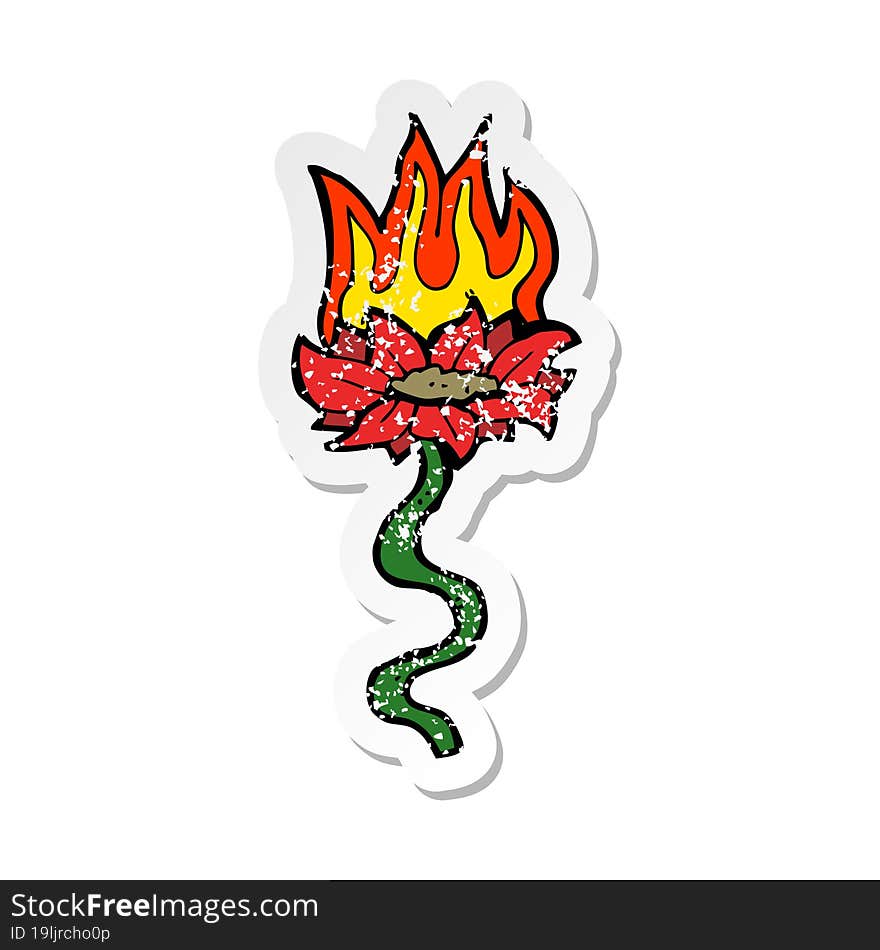 retro distressed sticker of a cartoon flower on fire