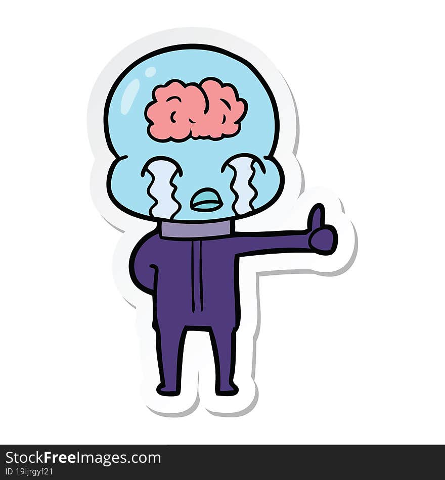 sticker of a cartoon big brain alien crying but giving thumbs up symbol