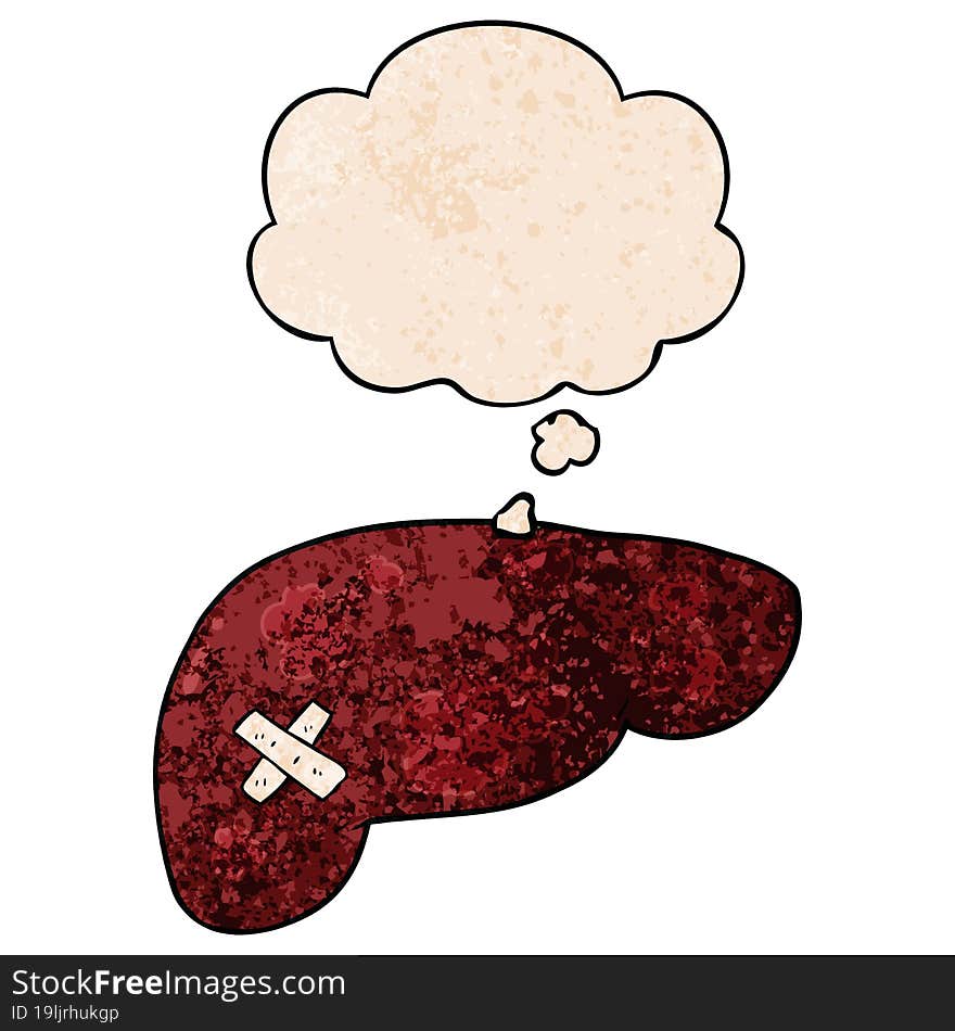 cartoon unhealthy liver and thought bubble in grunge texture pattern style