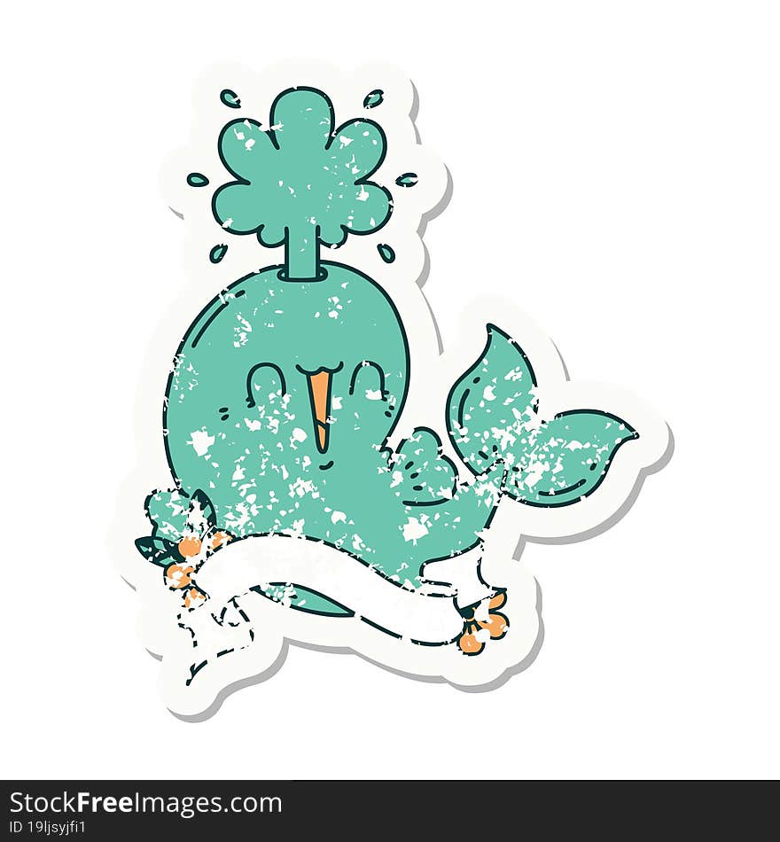 grunge sticker of tattoo style happy squirting whale character