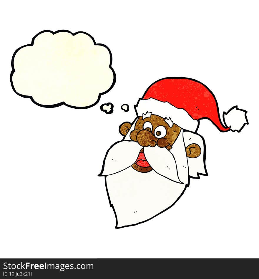 cartoon jolly santa claus face with thought bubble