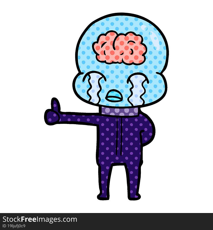 cartoon big brain alien crying but giving thumbs up symbol. cartoon big brain alien crying but giving thumbs up symbol