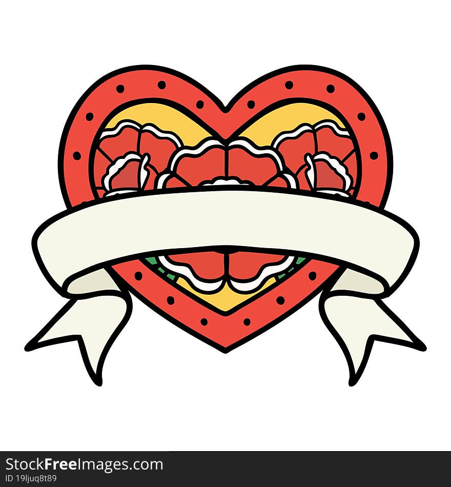 tattoo in traditional style of a heart and banner with flowers. tattoo in traditional style of a heart and banner with flowers