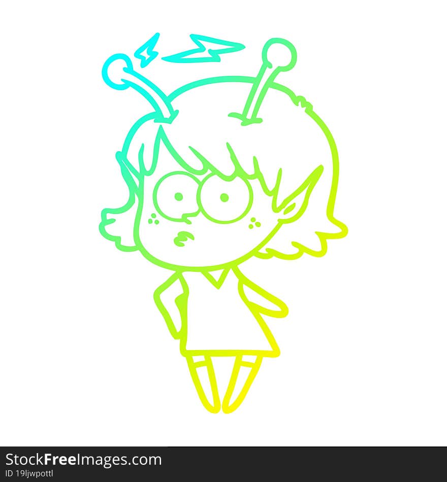 cold gradient line drawing of a cartoon alien girl