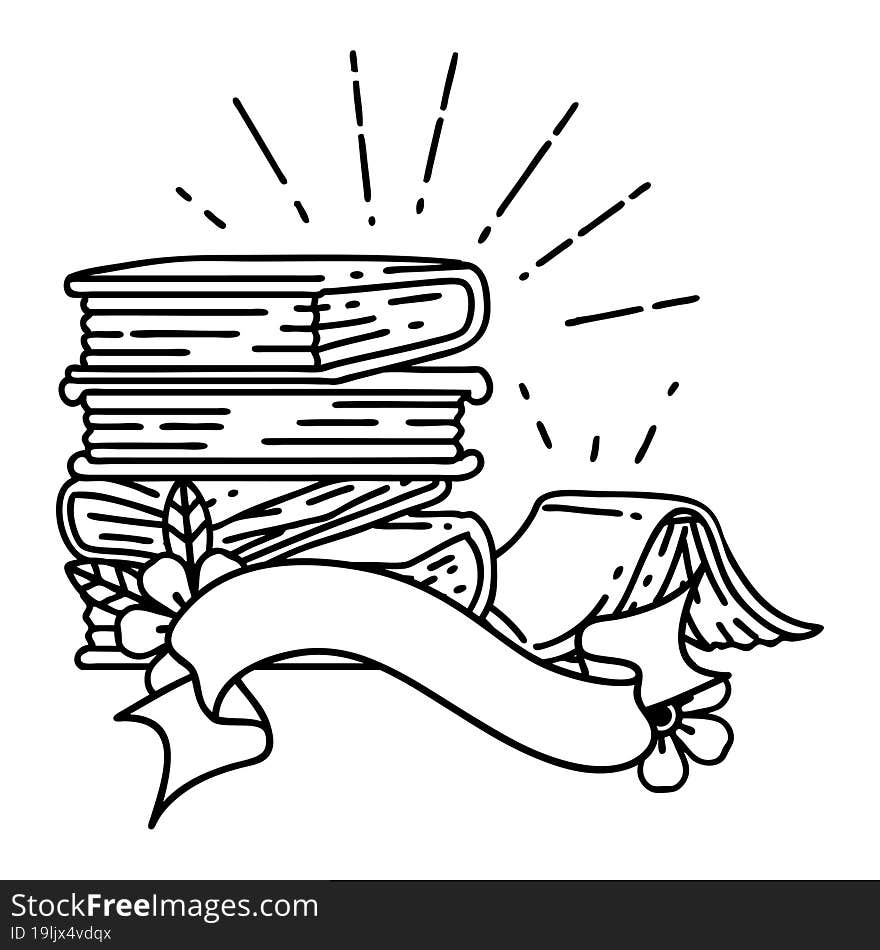 banner with black line work tattoo style stack of books