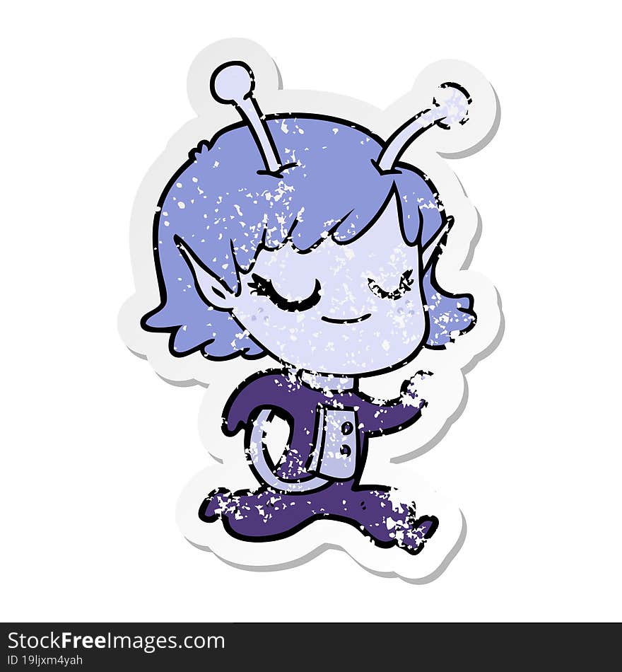 Distressed Sticker Of A Smiling Alien Girl Cartoon