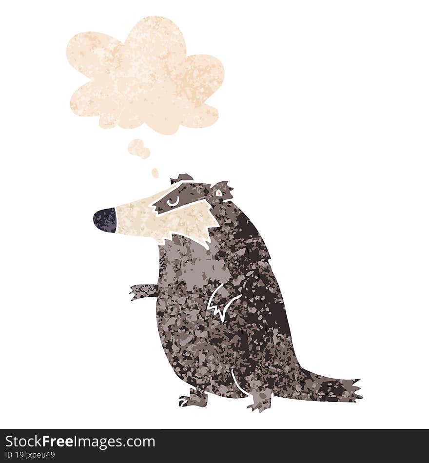 cartoon badger and thought bubble in retro textured style