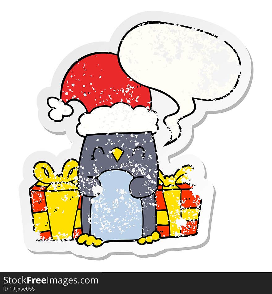 cute christmas penguin and speech bubble distressed sticker