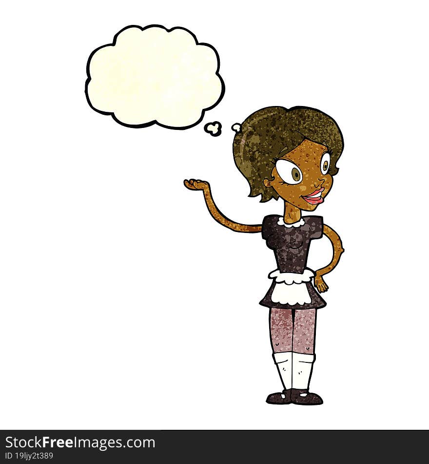 cartoon woman in maid costume with thought bubble