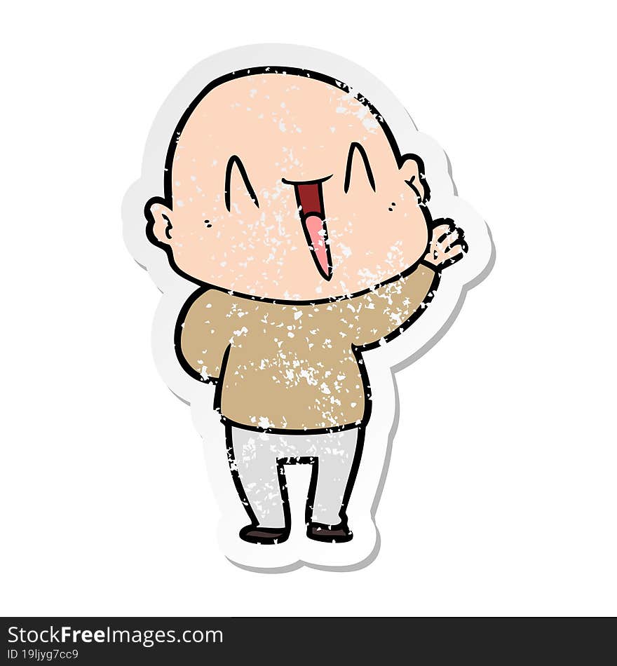 distressed sticker of a happy cartoon bald man