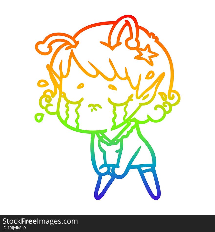 rainbow gradient line drawing cartoon crying alien girl