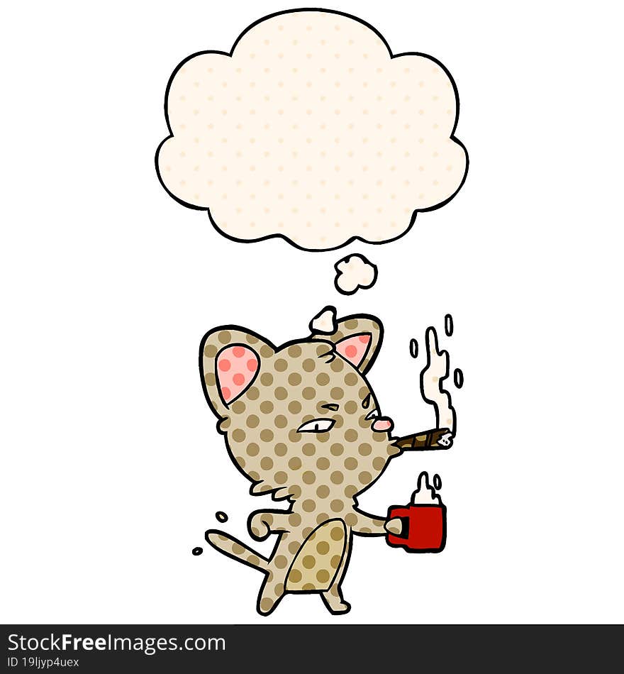 cartoon cat with coffee and cigar with thought bubble in comic book style