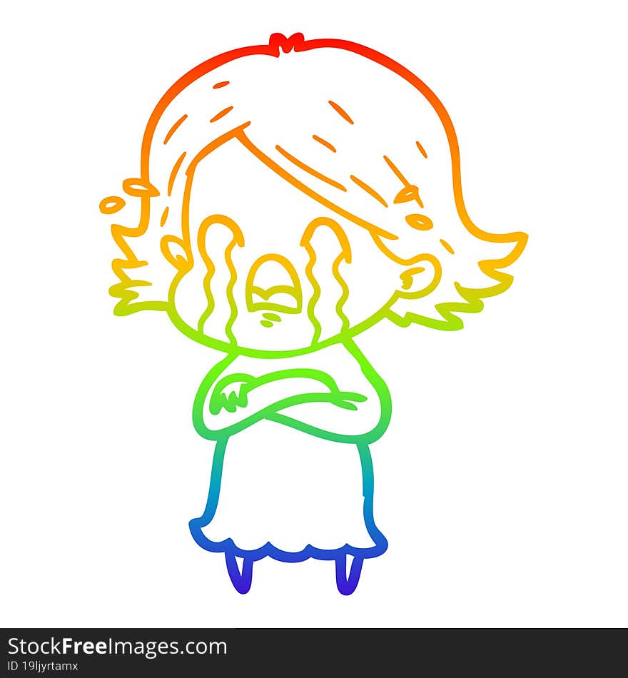 rainbow gradient line drawing of a cartoon woman crying