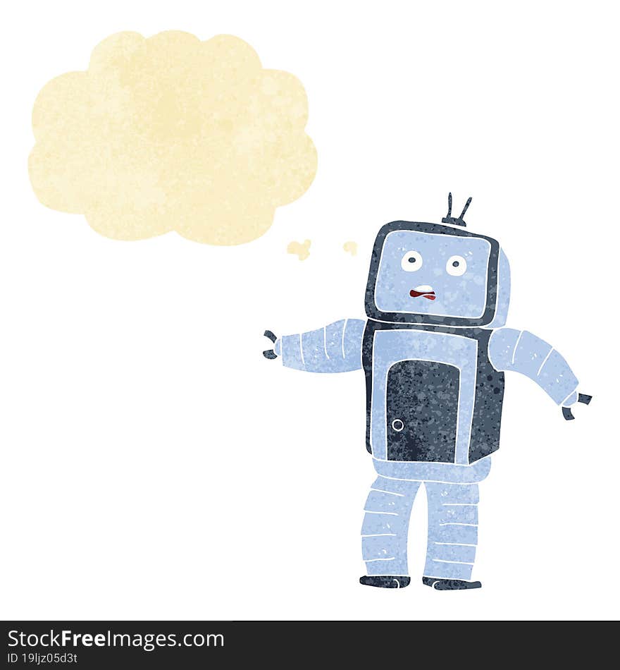 cartoon funny robot with thought bubble