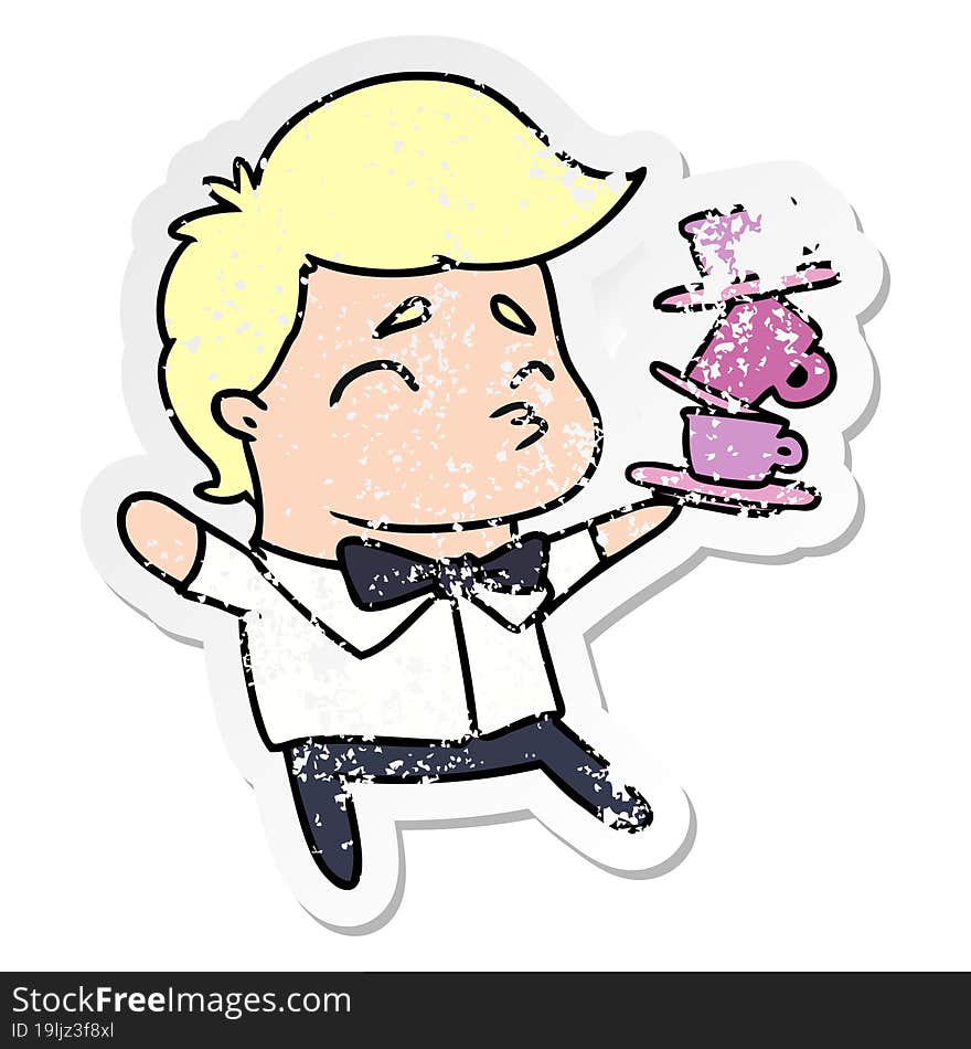 Distressed Sticker Cartoon Of A Kawaii Cute Waiter