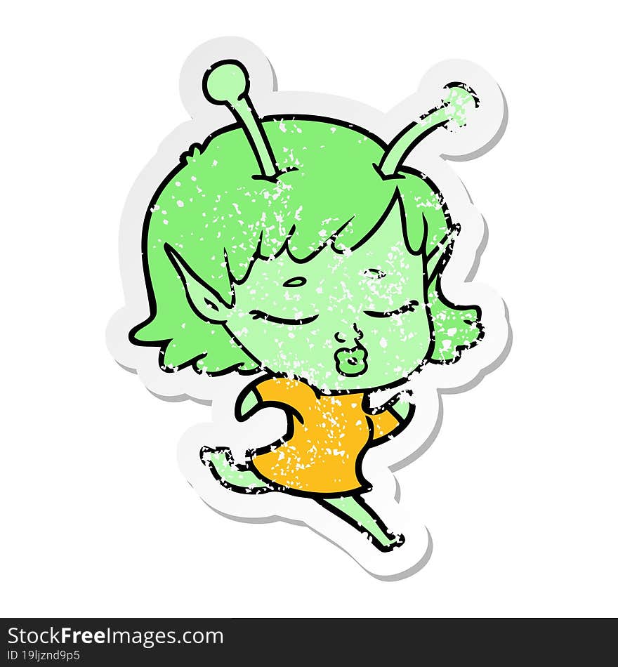 distressed sticker of a cartoon alien girl