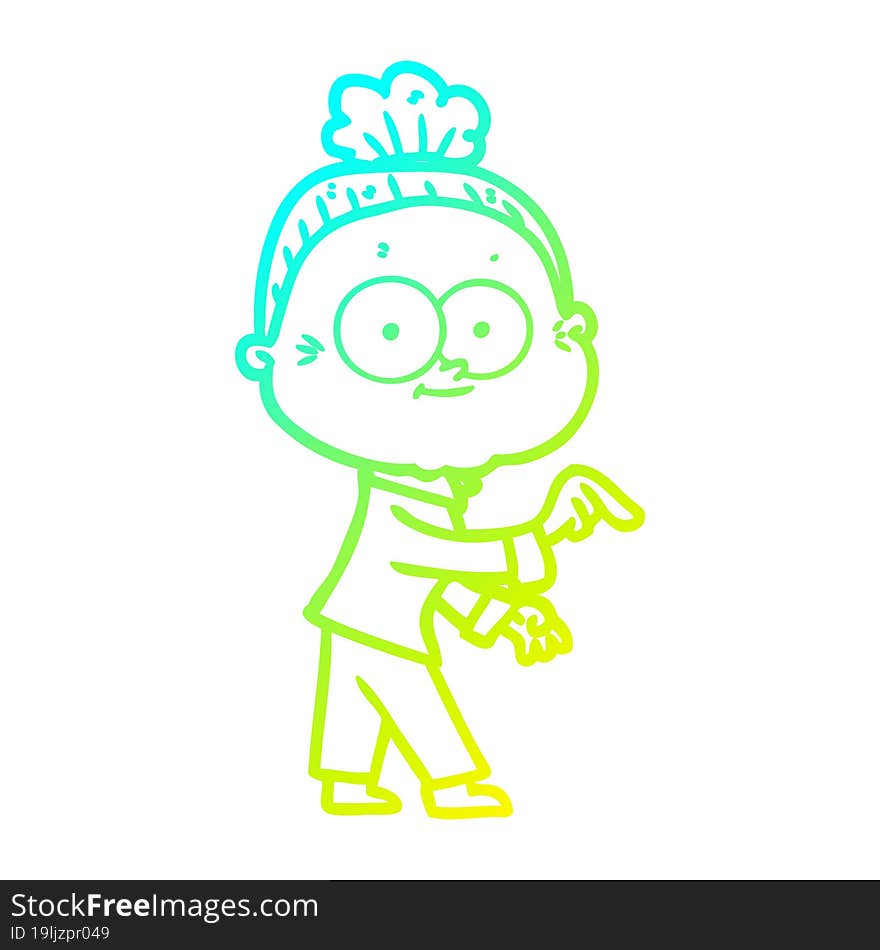 cold gradient line drawing of a cartoon happy old woman