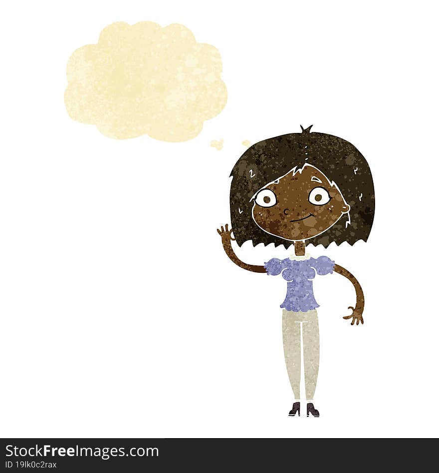 Cartoon Woman Waving With Thought Bubble