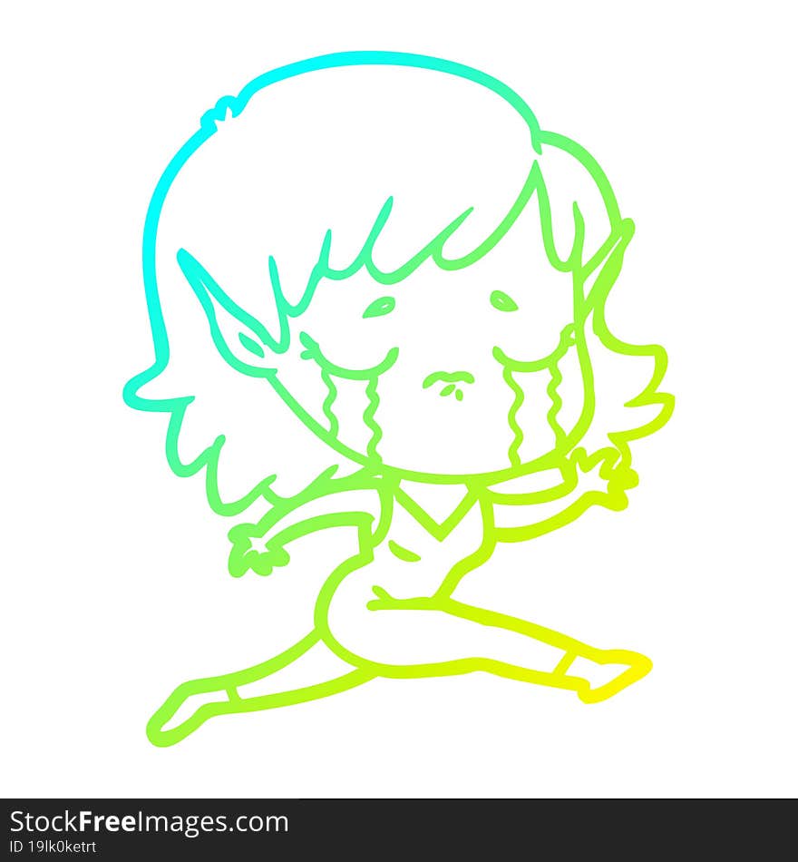 Cold Gradient Line Drawing Crying Cartoon Elf Girl