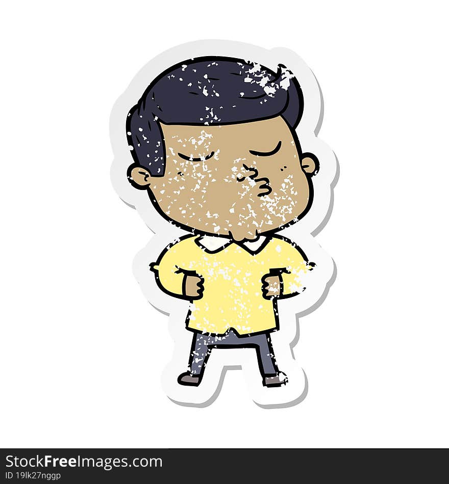 distressed sticker of a cartoon model guy pouting