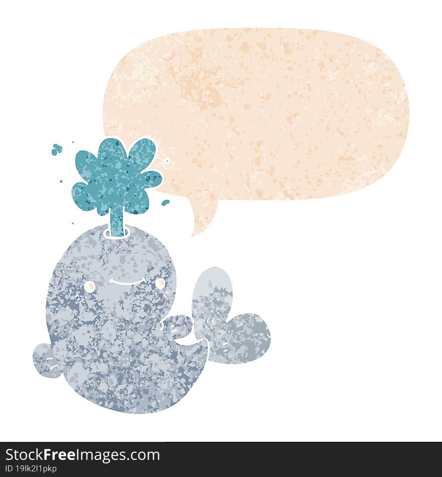 cartoon whale spouting water and speech bubble in retro textured style