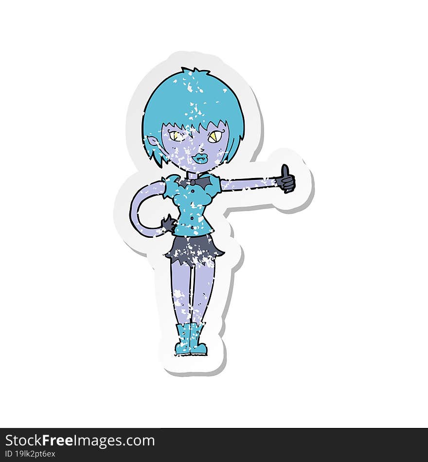 retro distressed sticker of a cartoon vampire girl giving thumbs up sign