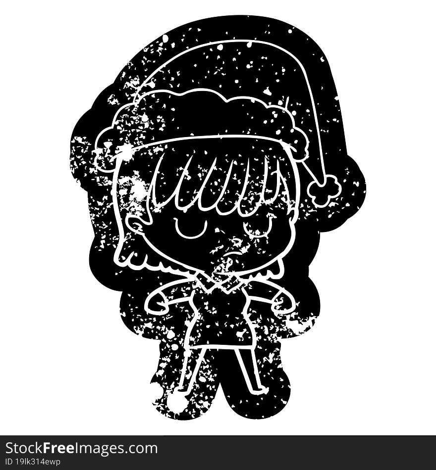 quirky cartoon distressed icon of a woman wearing santa hat