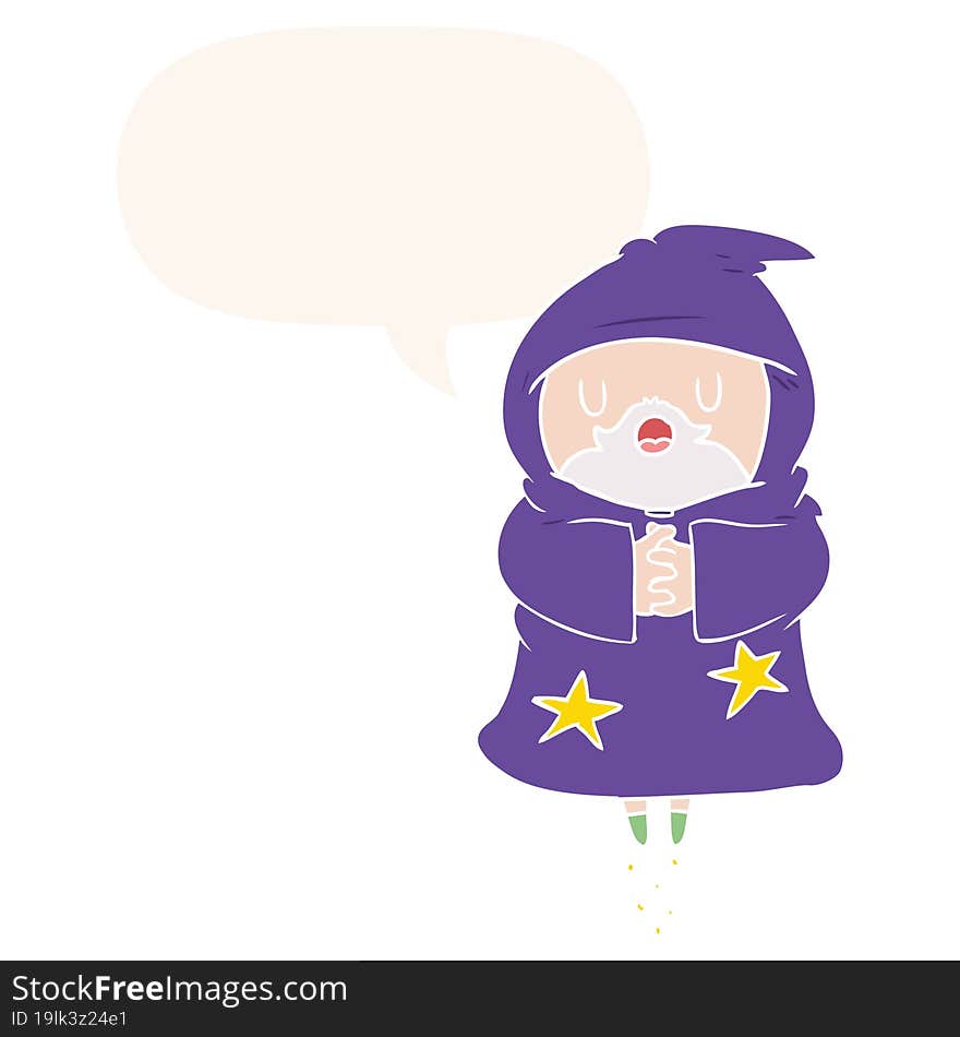 cartoon floating wizard with speech bubble in retro style