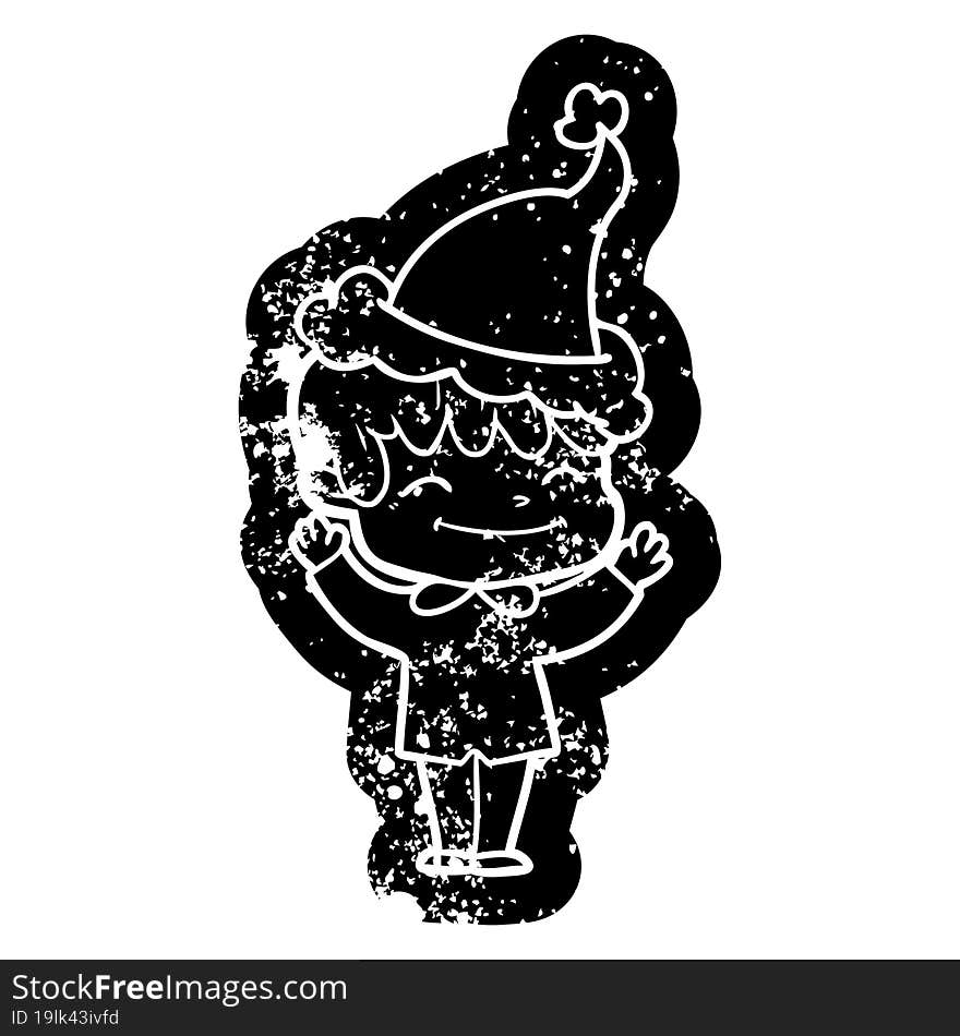 cartoon distressed icon of a happy boy wearing santa hat