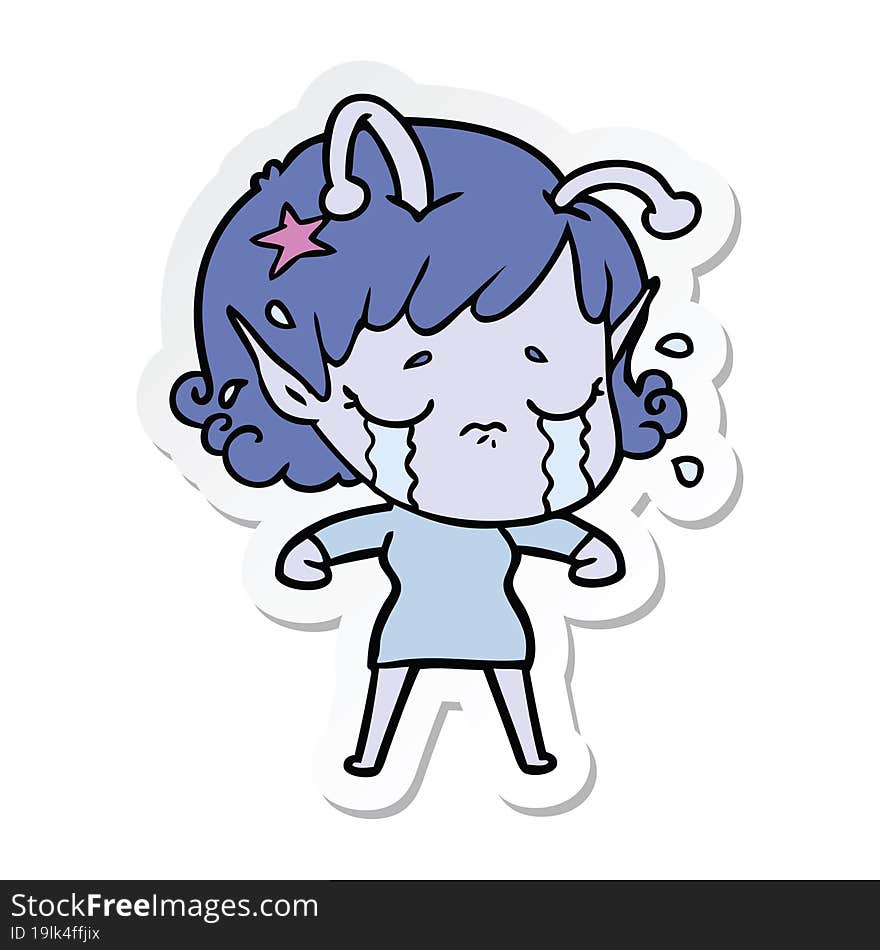 sticker of a cartoon crying alien girl