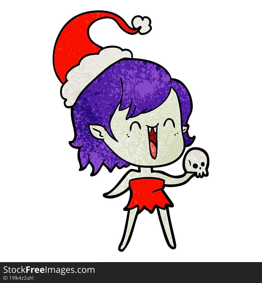 cute textured cartoon of a happy vampire girl wearing santa hat