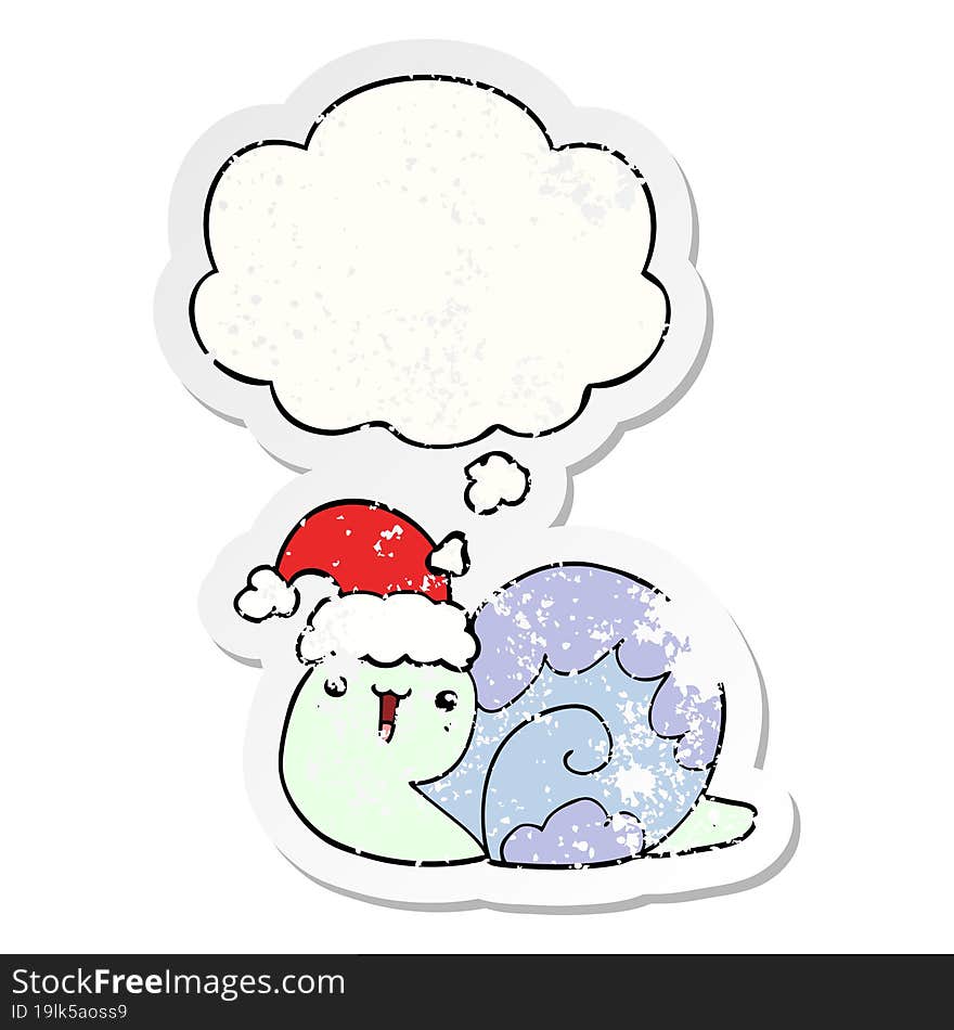 cute cartoon christmas snail with thought bubble as a distressed worn sticker