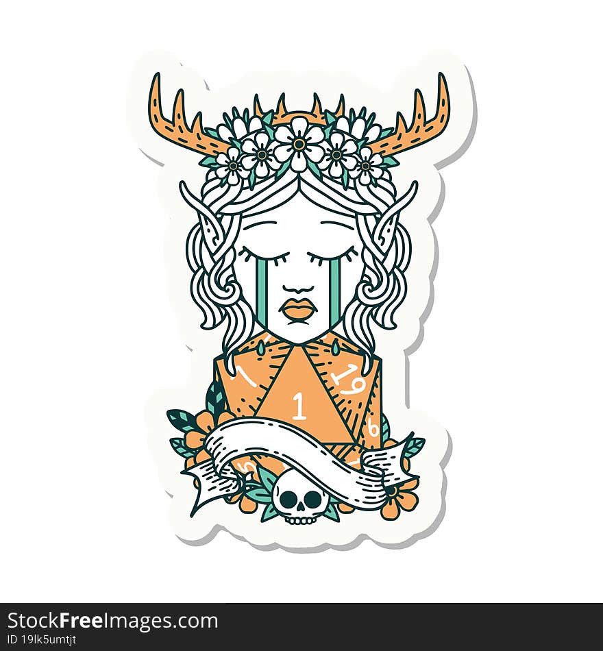 crying elf druid character face with natural one D20 dice roll sticker