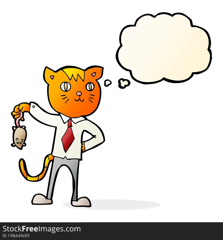 Cartoon Business Cat With Dead Mouse With Thought Bubble