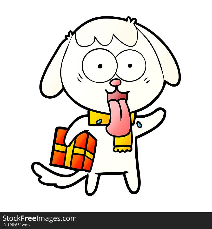 cute cartoon dog with christmas present. cute cartoon dog with christmas present