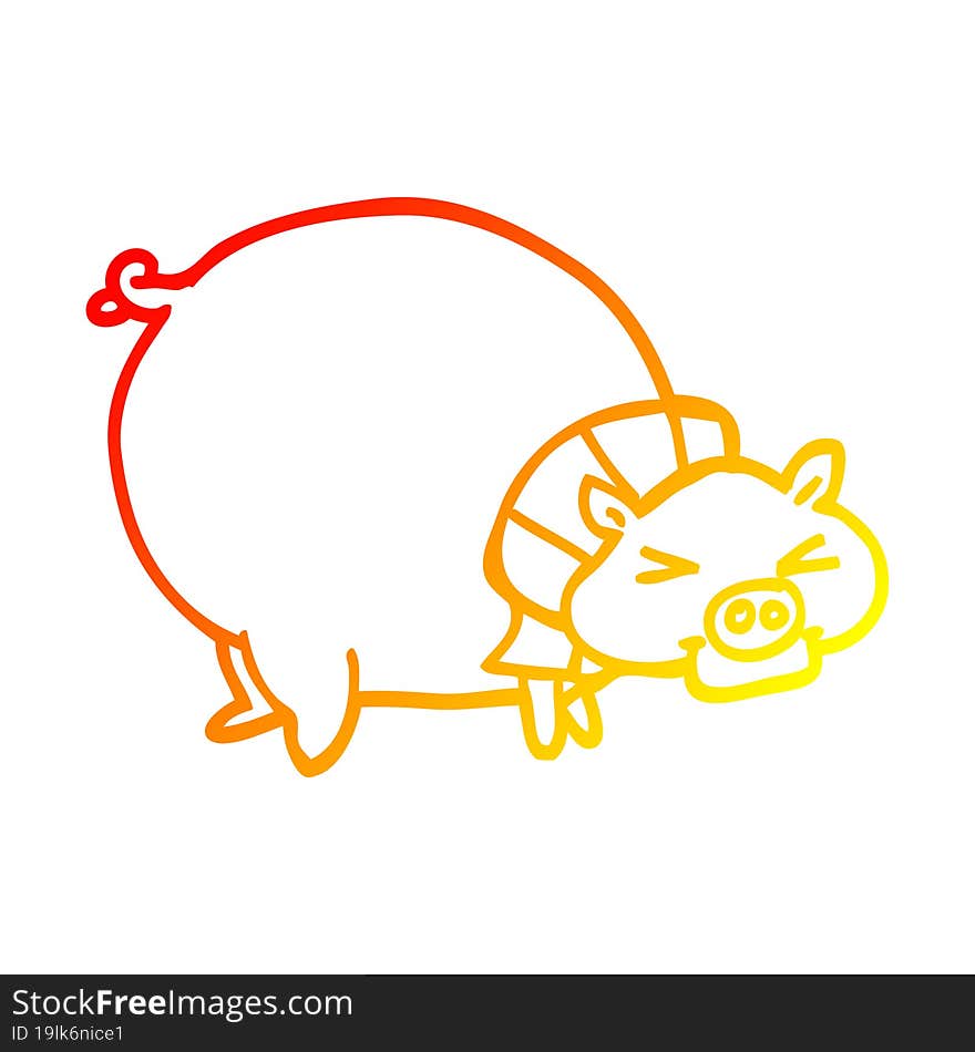 warm gradient line drawing of a cartoon fat pig