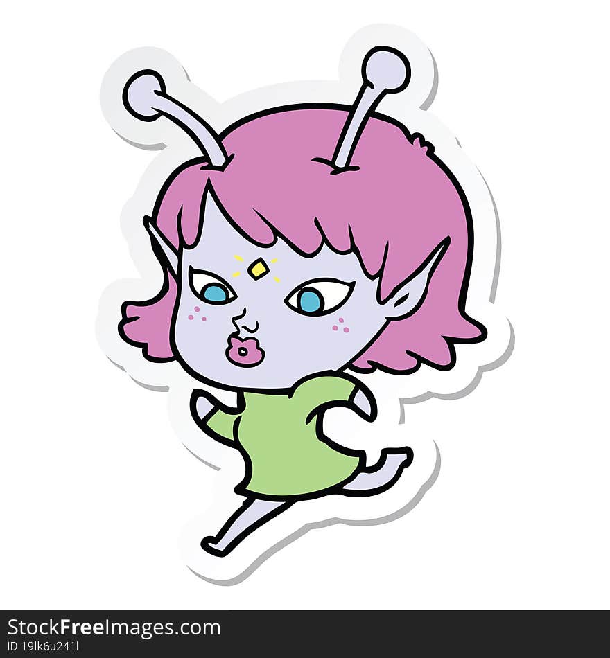 sticker of a pretty cartoon alien girl running