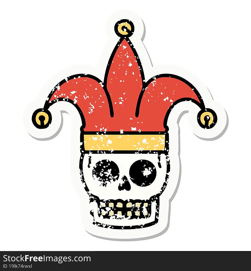 traditional distressed sticker tattoo of a skull jester