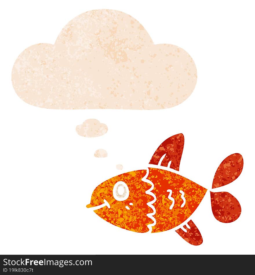 cartoon fish and thought bubble in retro textured style