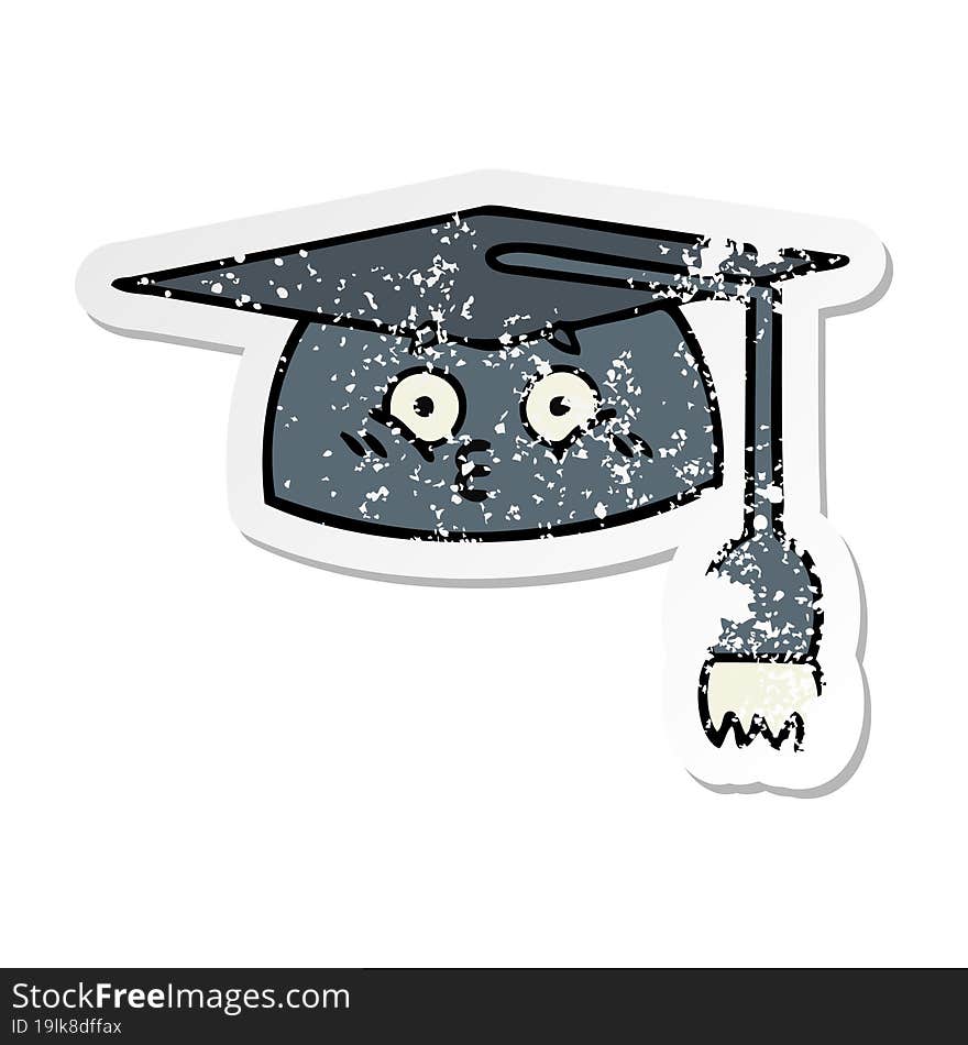 distressed sticker of a cute cartoon graduation hat