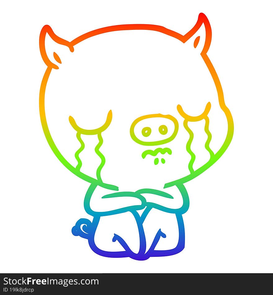 rainbow gradient line drawing cartoon sitting pig crying