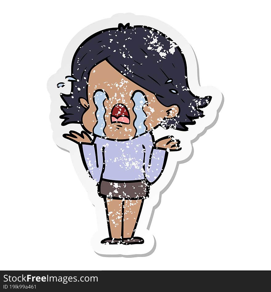 distressed sticker of a cartoon woman crying