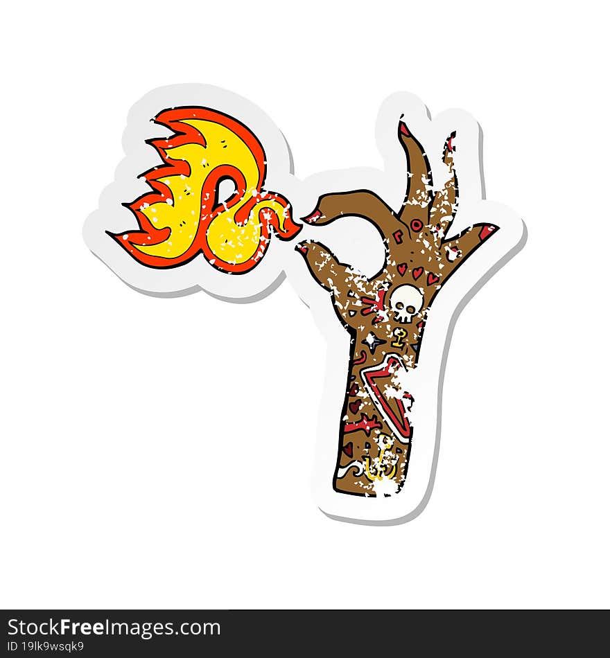 retro distressed sticker of a cartoon tattoo arm fire symbol