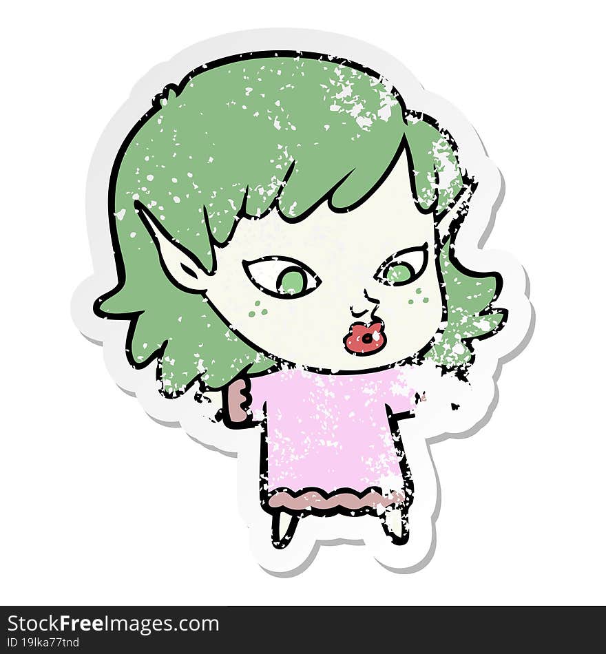 distressed sticker of a pretty cartoon elf girl