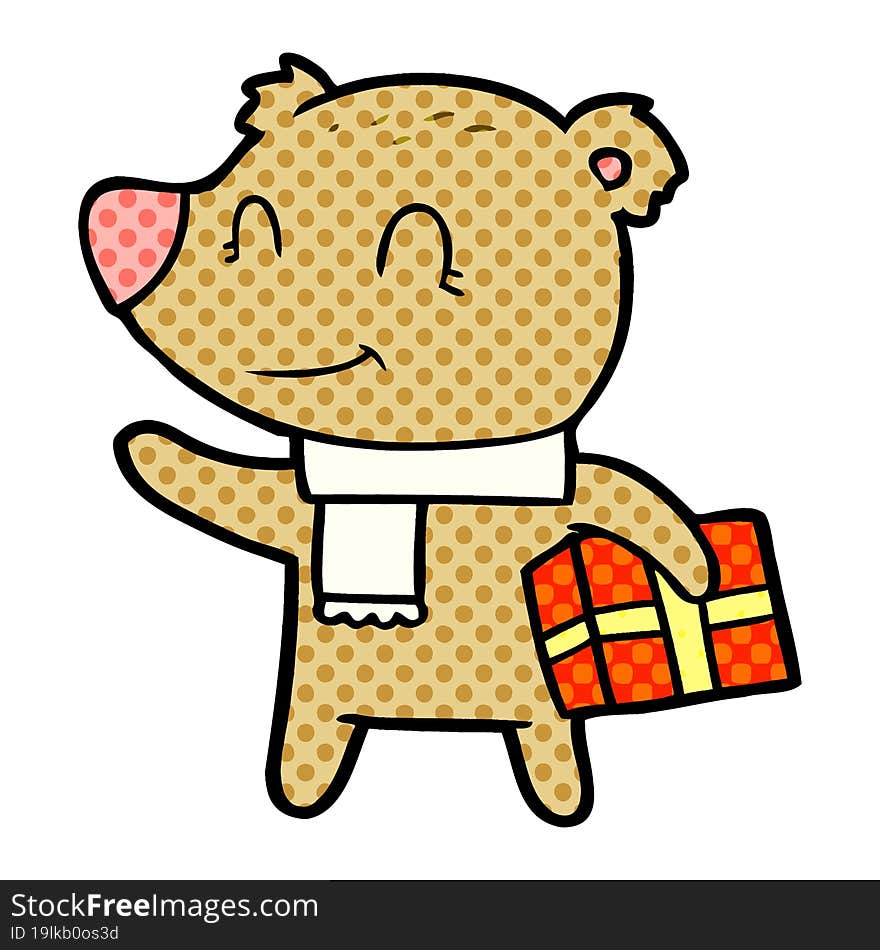 friendly bear with xmas gift and scarf. friendly bear with xmas gift and scarf