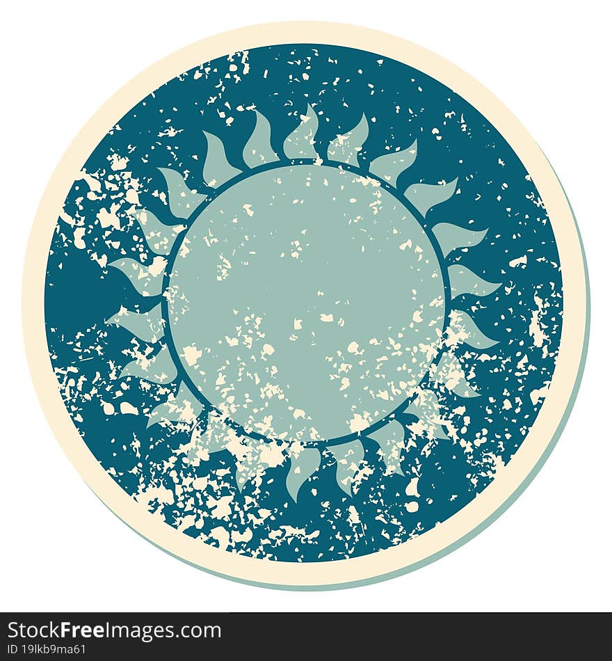 distressed sticker tattoo style icon of a sun