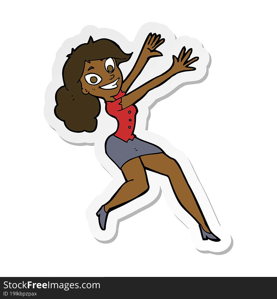 sticker of a cartoon happy woman jumping