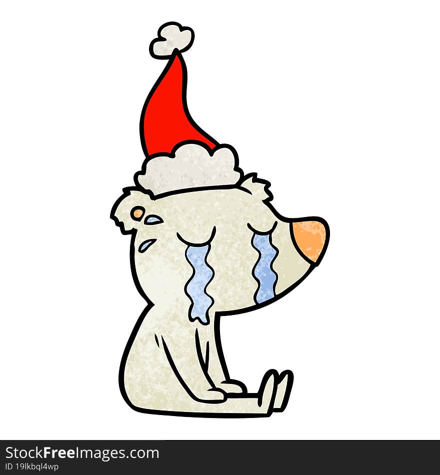 hand drawn textured cartoon of a crying sitting polar bear wearing santa hat